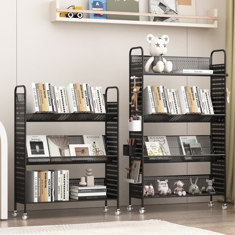 Movable Thickened Iron Children's Bookshelf, Floor-Standing Storage Rack, Simple Trolley, Household Small Bookcase, Snack Storage Rack