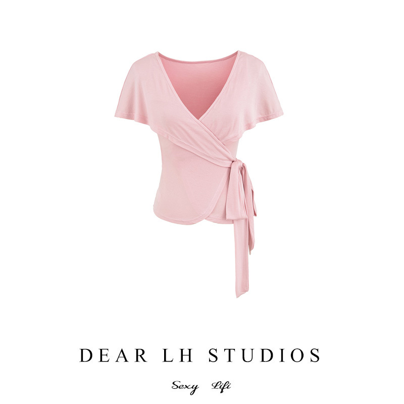 Basic V-Neck Tie-Up T-Shirt for Women, New Summer Style, Waist-Cinching, Slimming, Elegant Design, Niche Wrap-Around Cardigan Top