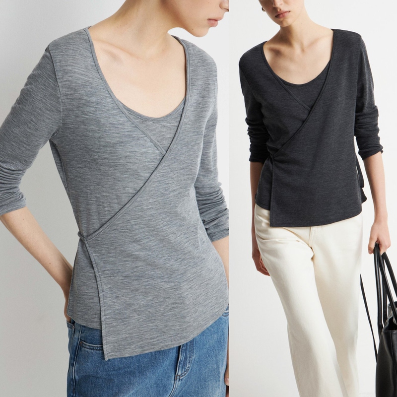 Lumideer Xs-Xl Size 100% Wool V-Neck Cross Wrap Drawstring Lace-Up Long-Sleeved T-Shirt Women's Cardigan Jacket