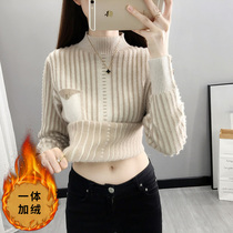 Integrated suede sleeve head sweater long sleeve needle woolen sweatshirt woman autumn winter new plus suede pocket button to beat undershirt warm blouse