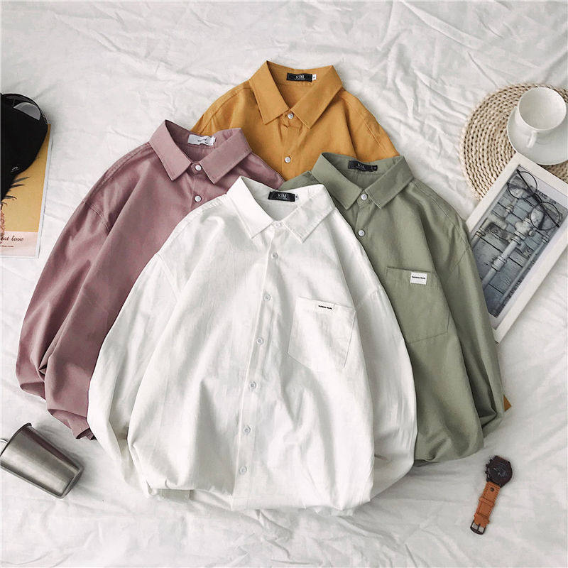 Spring Pure Color Shirt Male Long Sleeve Port Wind Chic Casual Loose Inch student BF Korean version Trend lovers jacket