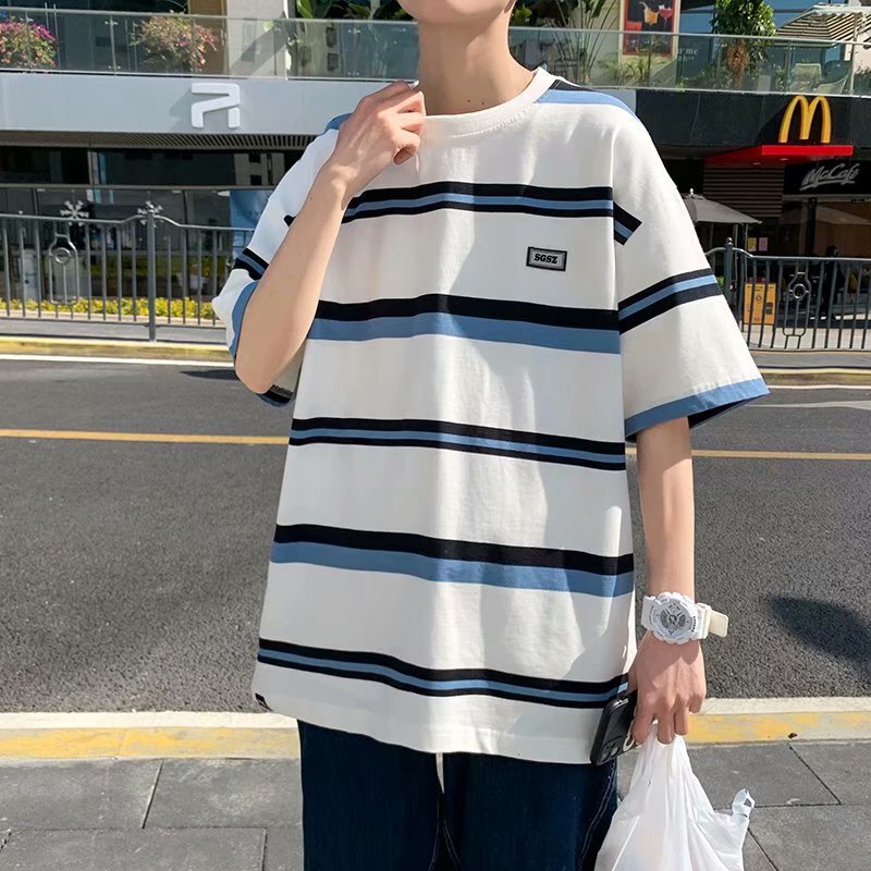 Summer Striped Short-Sleeve T-Shirt for Men ins Trendy Hong Kong Style Loose Fit Korean Version Trendy Versatile Half-Sleeve Top