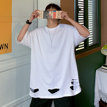 Tide Tide Tide Breaking Hole Short Sleeve T-Shirt Male Summer Beggar Clothes Outside Wearing Loose 50% And Half Sleeve Hitch Undershirt
