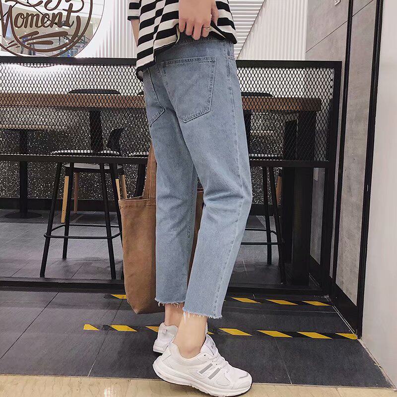 Spring and autumn raw edge jeans boys Korean version of the trendy fashion brand slim feet all-match Hong Kong style casual nine-point pants