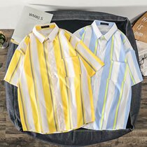 Port Wind Chic Striped Short Sleeve Shirt Male Summer Casual Fashion 100 Hitch Teenage Online Red Original Juku Lined Clothing