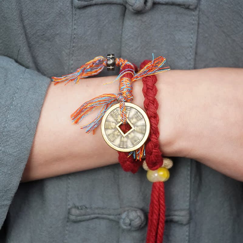 [Shipped from Longhu Mountain] Copper Alloy Fabric Flower Bracelet, Adjustable Ethnic Style Couple Red String Bracelet
