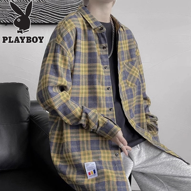 Клетчатая рубашка Playboy, мужская осенняя новая повседневная свободная рубашка с длинными рукавами, мужская модная молодежная рубашка