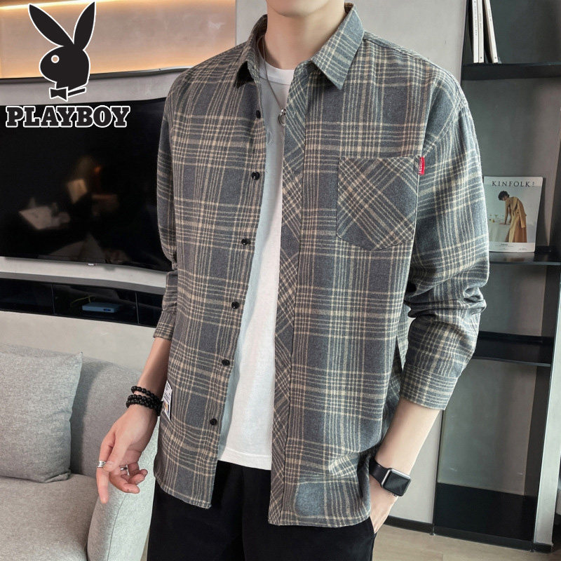 プレイボーイ 秋 チェックシャツ メンズ 新スタイル フリース裏地付き 厚手 長袖シャツジャケット メンズ カジュアルトップス