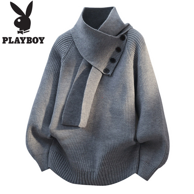 プレイボーイ 春秋 レトロ スカーフカラー ニットセーター メンズ ハイネック ゆったりセーター 韓国風 ニッチトップ