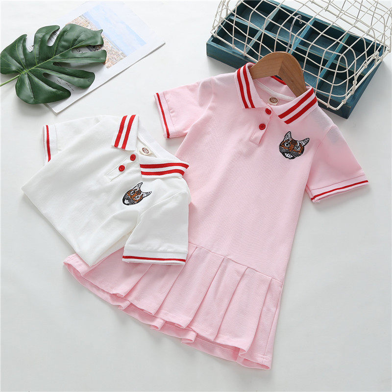 Girls Dress 2019 New Summer Net Red Girls Dress Shutter Polo Dress Pure Color Cotton Dress