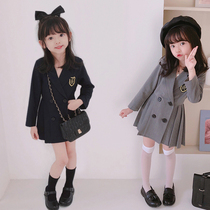 Self-made girls suit dress 2021 autumn new baby girl temperament double-breasted long-sleeved pleated dress