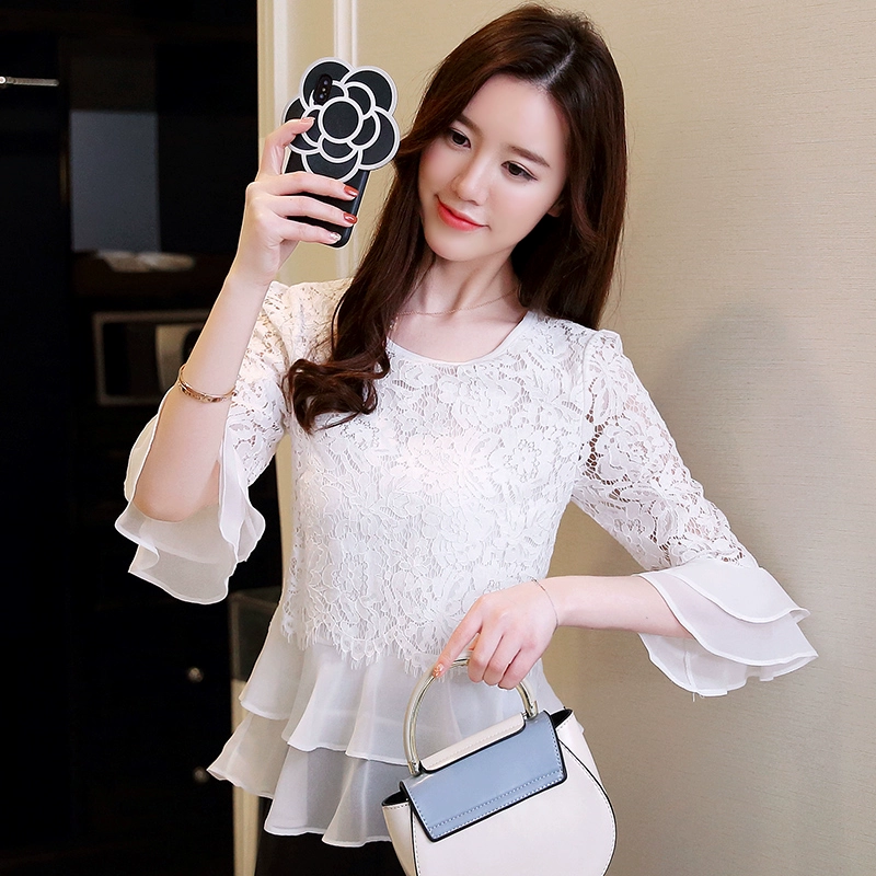 Mùa hè mới của phụ nữ cộng với kích thước đáy áo sơ mi ba phần tư áo sơ mi trắng siêu tiên phong cách nước ngoài áo sơ mi voan ren - Áo sơ mi chiffon ren