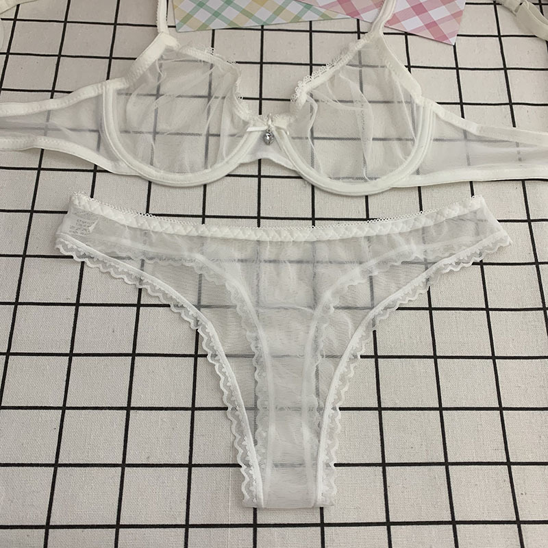 Sexy Bra Set, Fully Transparent Single-Layer Thong, Ultra-Thin Push-Up Lace Mesh, European and American Style Lingerie