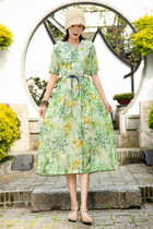 Retro Literary Print Silk linen V-neck full-edged dress loose casual large size slim long skirt waist design