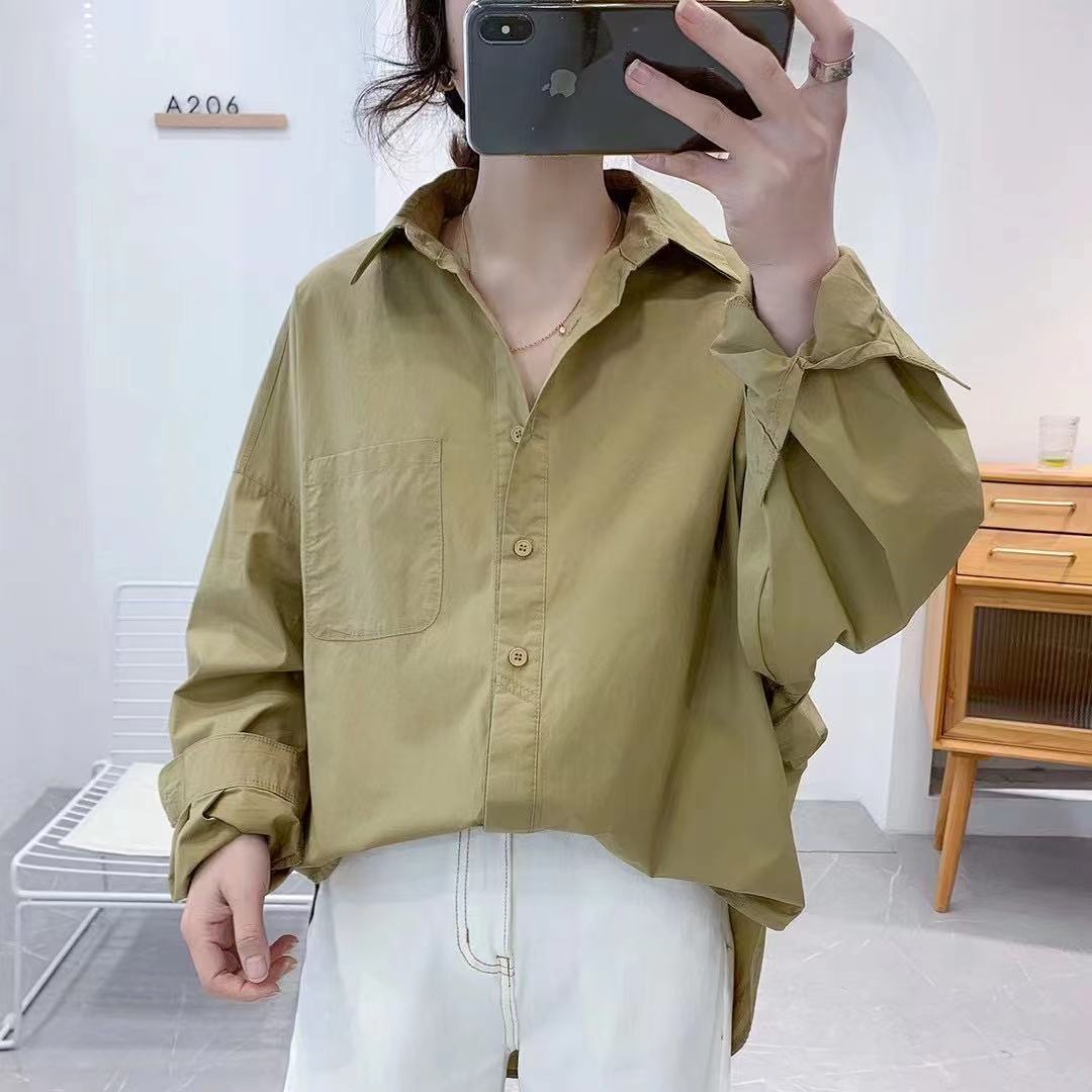 2022 Spring sleeve shirt dress rubbed color and loose large size single - row clasp literary temperament coat