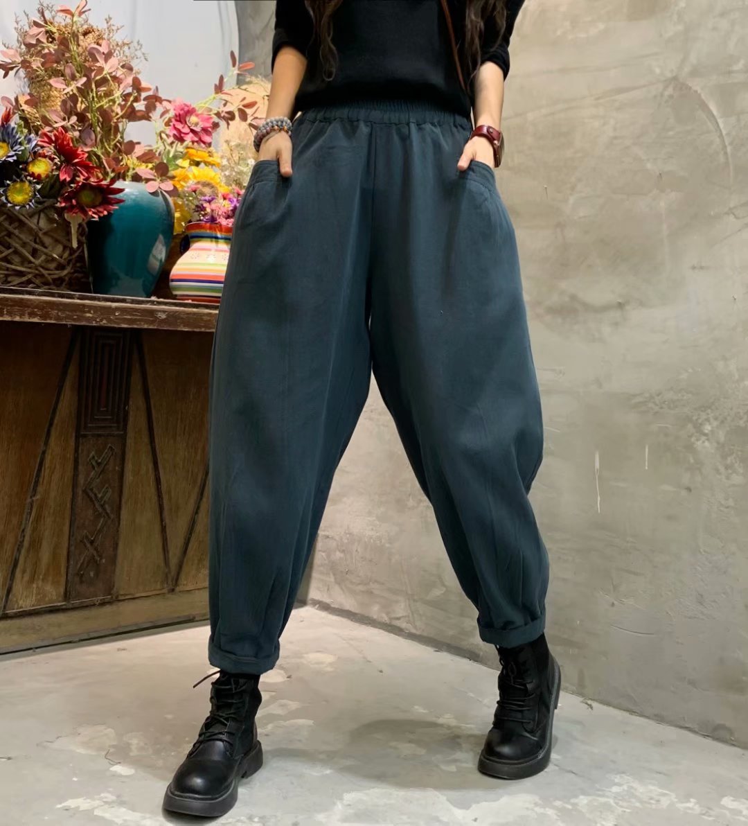 2021 Early autumn New twill cotton tightness elastic high waist and small feet Harun pants large size 100 lap slim trousers
