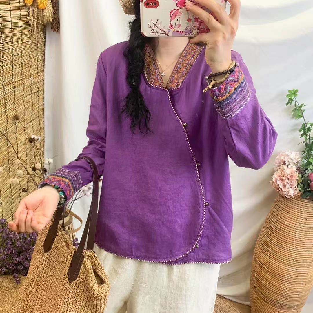 2021 pure linen long sleeve jacket full-pack edge V collar embroidered shirt loose large size slim bronze bell button 4 blouse