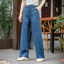 Pure linen loose elastic waist straight tube casual wide leg pants literary retro style pants