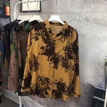 Retro cotton linen long sleeve loose Joker shirt lapel single-breasted thin shirt sunscreen dress print casual top