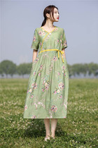 Original design celestial linen V-collar loose thin print large size age reduction literary style skirt womens summer New