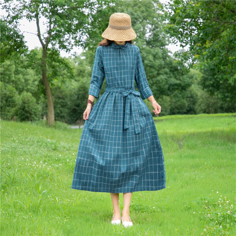 2020 Summer new art and wind retro cotton linen grid loose for women's slim long dress