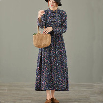 Retro literary floral Chinese button long sleeve dress women lace up waist thin temperament long skirt