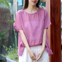 Original design retro literary Ramie shirt original blouse button Zen tea dress loose womens shirt