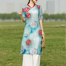 Twill Ramie vintage full-edged craft v-neck print short-sleeved dress womens 2021 summer vintage dress