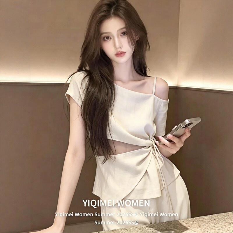 French-Style Off-Shoulder Short-Sleeve Shirt for Women, Summer Patchwork Mesh Lace-Up Irregular Women's Asymmetrical Shoulder Blouse Top French-Style Off-Shoulder Short-Sleeve Shirt for Women, Summer Patchwork Mesh Lace-Up Irregular Women's Asymmetrical Shoulder Blouse Top