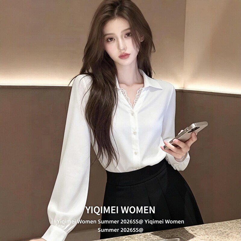 White Polo Collar Long-Sleeved Shirt for Women, Early Autumn Design with Lace Splicing, French Art Style Shirt Top White Polo Collar Long-Sleeved Shirt for Women, Early Autumn Design with Lace Splicing, French Art Style Shirt Top