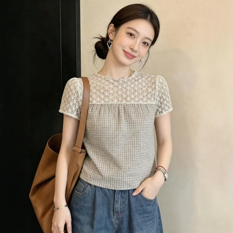 Plaid Short-Sleeved Shirt for Women, Summer Women's Patchwork Lace High-End Light Luxury Age-Reducing Stylish Shirt Top Plaid Short-Sleeved Shirt for Women, Summer Women's Patchwork Lace High-End Light Luxury Age-Reducing Stylish Shirt Top