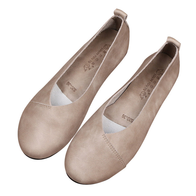 ເກີບຫນັງແທ້ເຮັດດ້ວຍມືຕົ້ນສະບັບ 2024 ພາກຮຽນ spring retro grandma ເກີບ Mori ແມ່ເກີບ round toe shallow mouth flat shoes for women