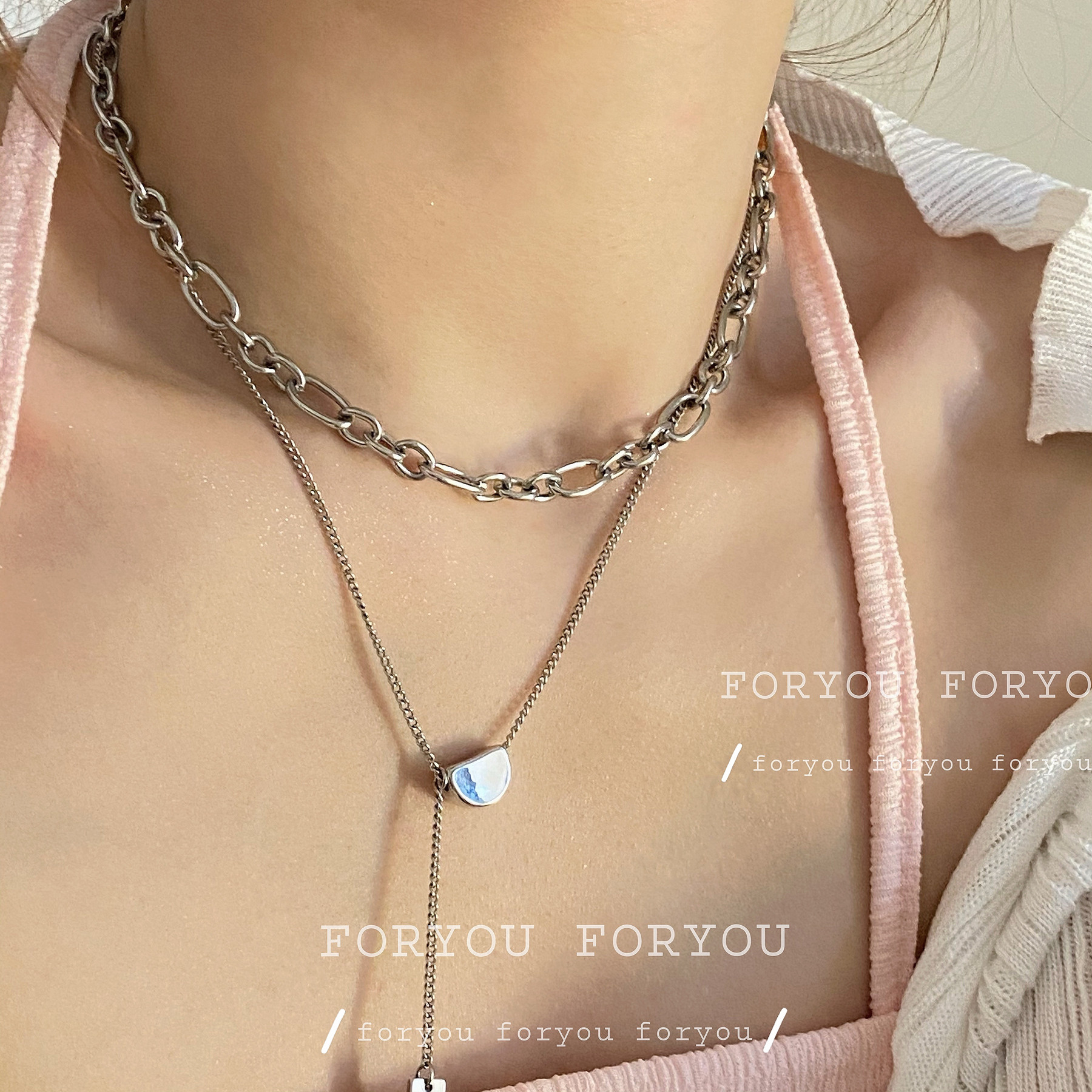 super special design silver coarse chain double laminated wearing necklace choker European and American brief long version of thick cotton T sweater necklace