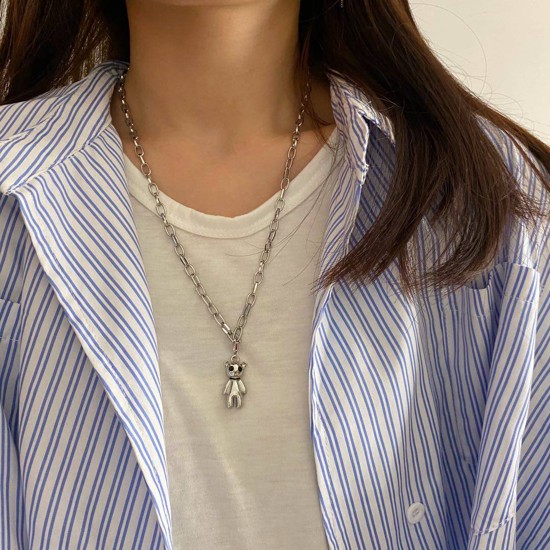 Hip Hop New Tide Cute Little Bear Pendant Personality Fashion Thick T-Shirt Chain Street Pat Chain Sweater Necklace Autumn New Men And Women