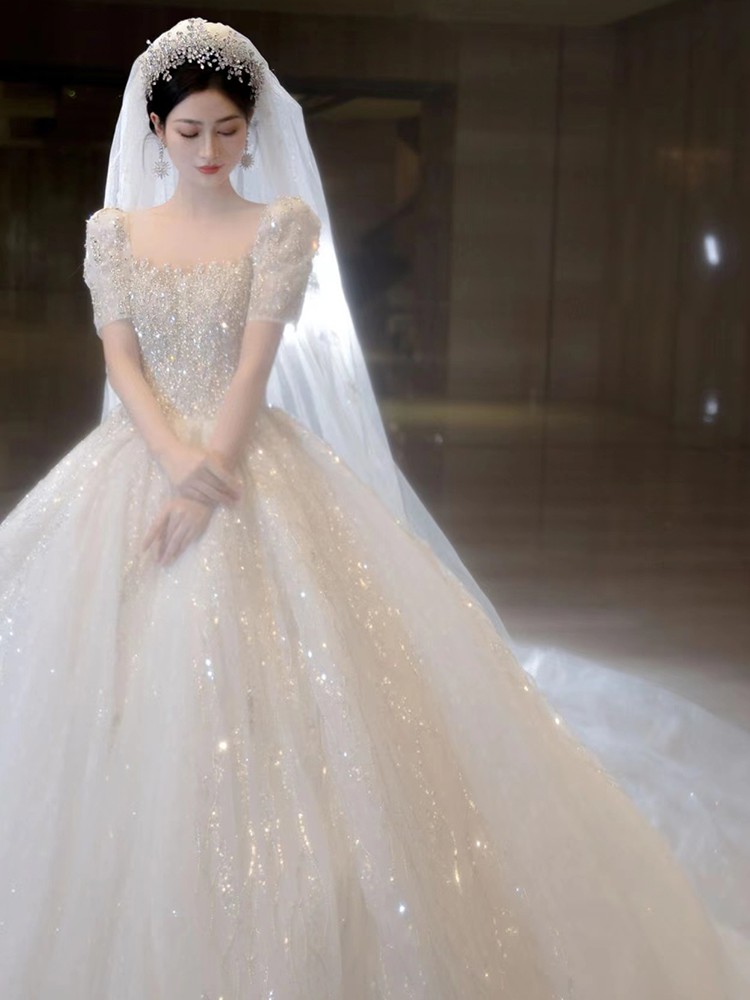 French main wedding dress 2024 new one -character shoulder bride pregnant woman princess high -level texture heavy chief drag tail small man French main wedding dress 2024 new one -character shoulder bride pregnant woman princess high -level texture heavy chief drag tail small man