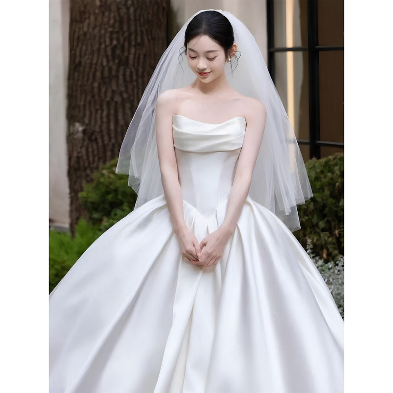 Strapless Wedding Dress for Bride 2026 New French Satin High-End Texture Simple Slimming Custom-Made with Train Light Luxury