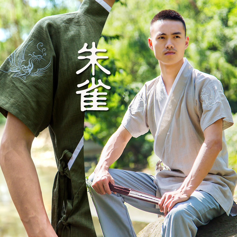 七奇坊漢服漢雲夏紳士服禅竹綿麻ブラウンクロスカラー半袖トップス中国風民族風潮