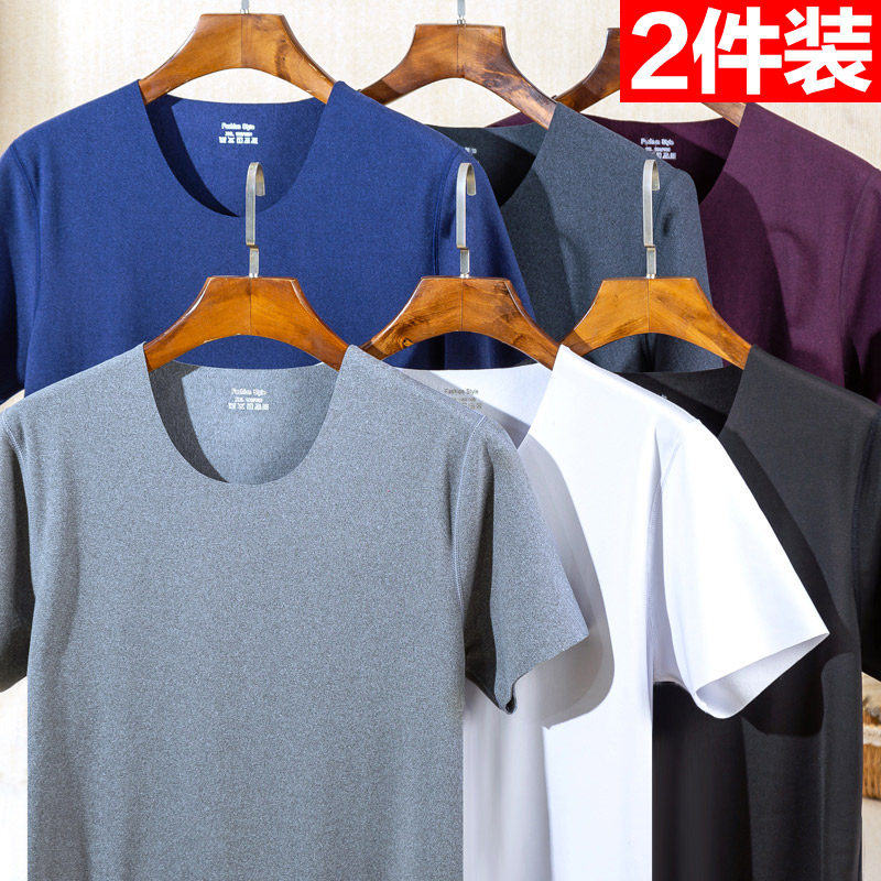 2 pieces of clothing duvet warm short sleeves T-shirt male round collar grinding hair hot 2021 Spring style undershirt jacket autumn and winter