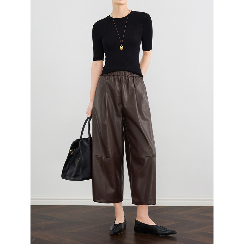 Zheye【Cool Luxury Row Style】Coffee-Colored Wide-Leg Cropped Leather Pants for Women, Early Autumn New Vintage High-End Casual Pants