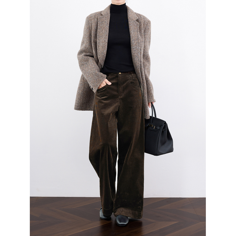 Zheye【Pants King Series】Vintage Brown Corduroy Pants for Women, Autumn Melard Straight-Leg Slimming Wide-Leg Pants Zheye【Pants King Series】Vintage Brown Corduroy Pants for Women, Autumn Melard Straight-Leg Slimming Wide-Leg Pants