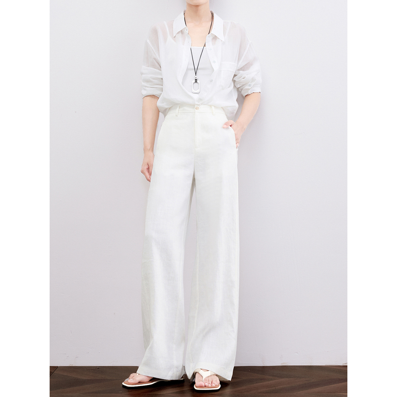 Zheye Heavy-Duty Cool Linen Wide-Leg Pants for Women, Summer 2026, Loose Breathable Casual Pants, Old Money Style White Pants
