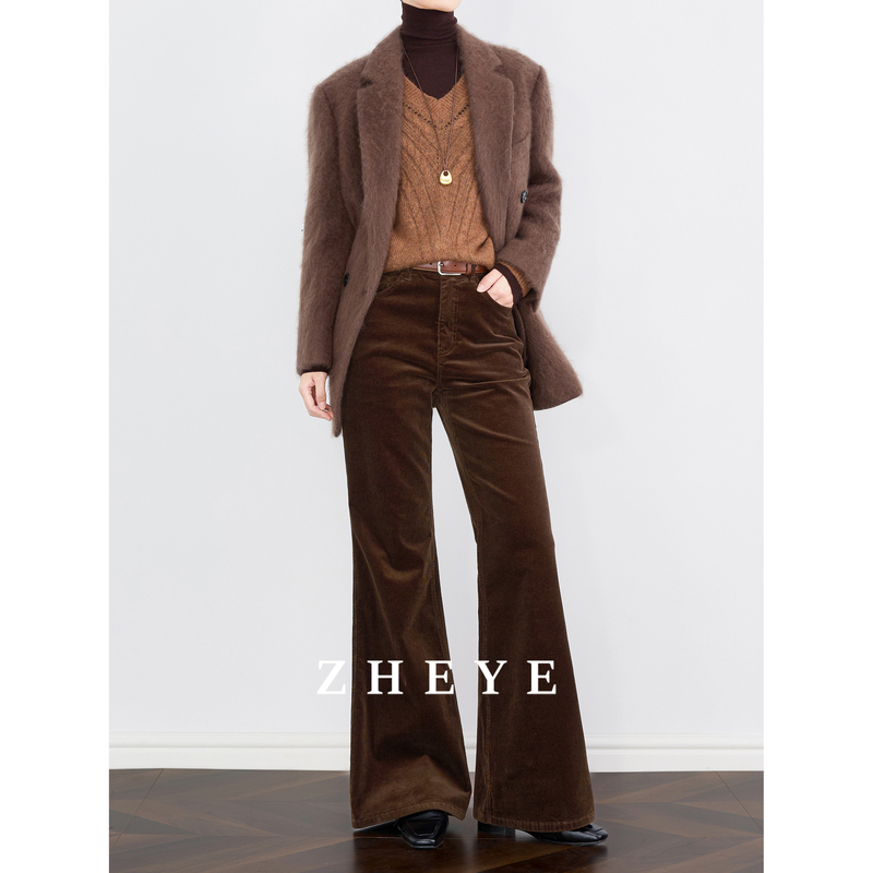 Zheye【Warm Winter Supermodel】Brown Corduroy Flared Pants for Women, Slimming Casual Pants for Autumn and Winter Zheye【Warm Winter Supermodel】Brown Corduroy Flared Pants for Women, Slimming Casual Pants for Autumn and Winter