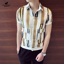 Rich and expensive bird thin lining mens summer striped short sleeve inch shirt Korean version trend handsome ice silk shirt t