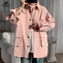 Fugui bird shirt male long sleeve outside wearing casual tooling State Tidal Thin and Autumn Clothing Jacket Yuppie Handsome Pink trendy mens clothing