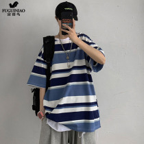 Fgn fall shoulder t-shirt male ice sensation net red ins ultra fire design sensation small crowdsourced high-end sweet and small neckline striped short sleeves