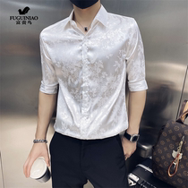 Fugui bird half sleeve shirt man short sleeve summer flower pattern ice silk ruffling handsome 50% sleeves high level sensation lining man