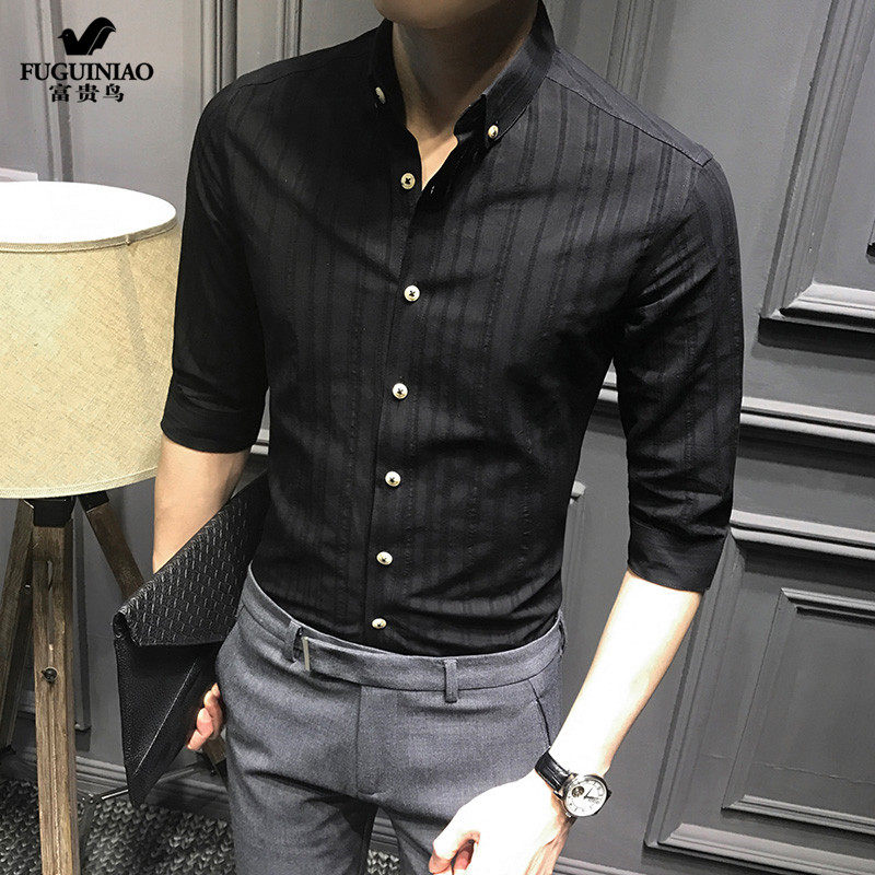 Rich and expensive bird suit shirt male slim fit design feeling small crowdstriped summer French style Japanese pendant feel 70% sleeve short sleeve