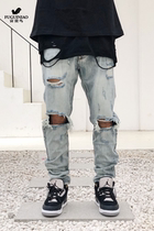 Rich and bird denim jeans Mens 2021 new spring and autumn break-hole loose straight cylinder pendant with soft glutinous coarse grain Puu