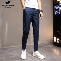 Rich Gui Bird Ice Silk Small Western Pants Mens Pendant Feel Thin hidden blue Summer sashimi High Sensation Fried Street Men Pants Pu Double Pleats