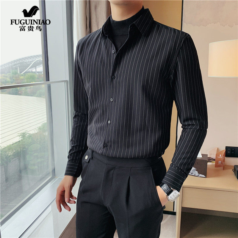 Rich Bird Shirt Sweater Breakfast Two Men Business Leisure Strip Englishman Half-Collar Black Shirt Tide
